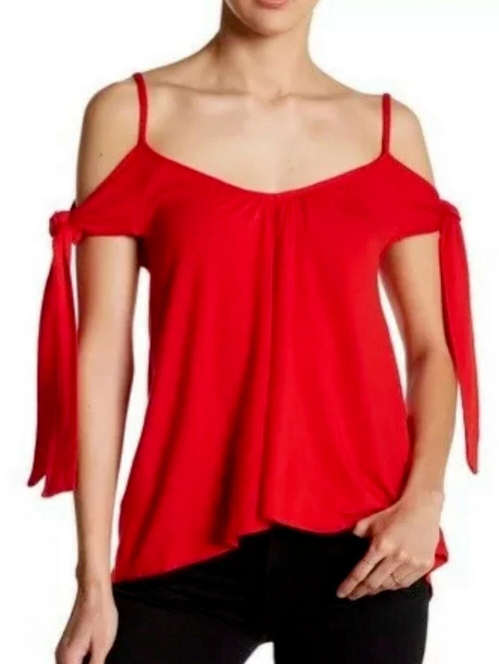 FREE PEOPLE NWT Red Believe Me Viscose Jersey Cold Shoulder Top Oversized XS